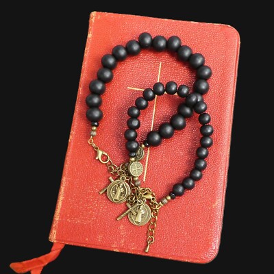 Ebony Wood Beads St. Benedict Medal Cross Charm Bracelet Gift