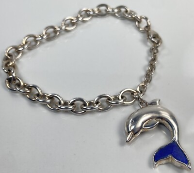 LENOX 925 STERLING SILVER LAPIS LAZULI DOLPHIN CHARM 8 1/4  BRACELET (K962)