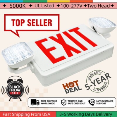 LED Red Exit Sign Emergency Light Adjustable Two Head Compact Combo UL924 listed