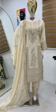 Cream Color Pure Chinnon Silk Salwar Kameez With Dupatta For Traditional Wear