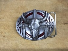 Vintage 1986 Cow Skull Feathers Siskiyou Western Rodeo Belt Buckle . B30-04