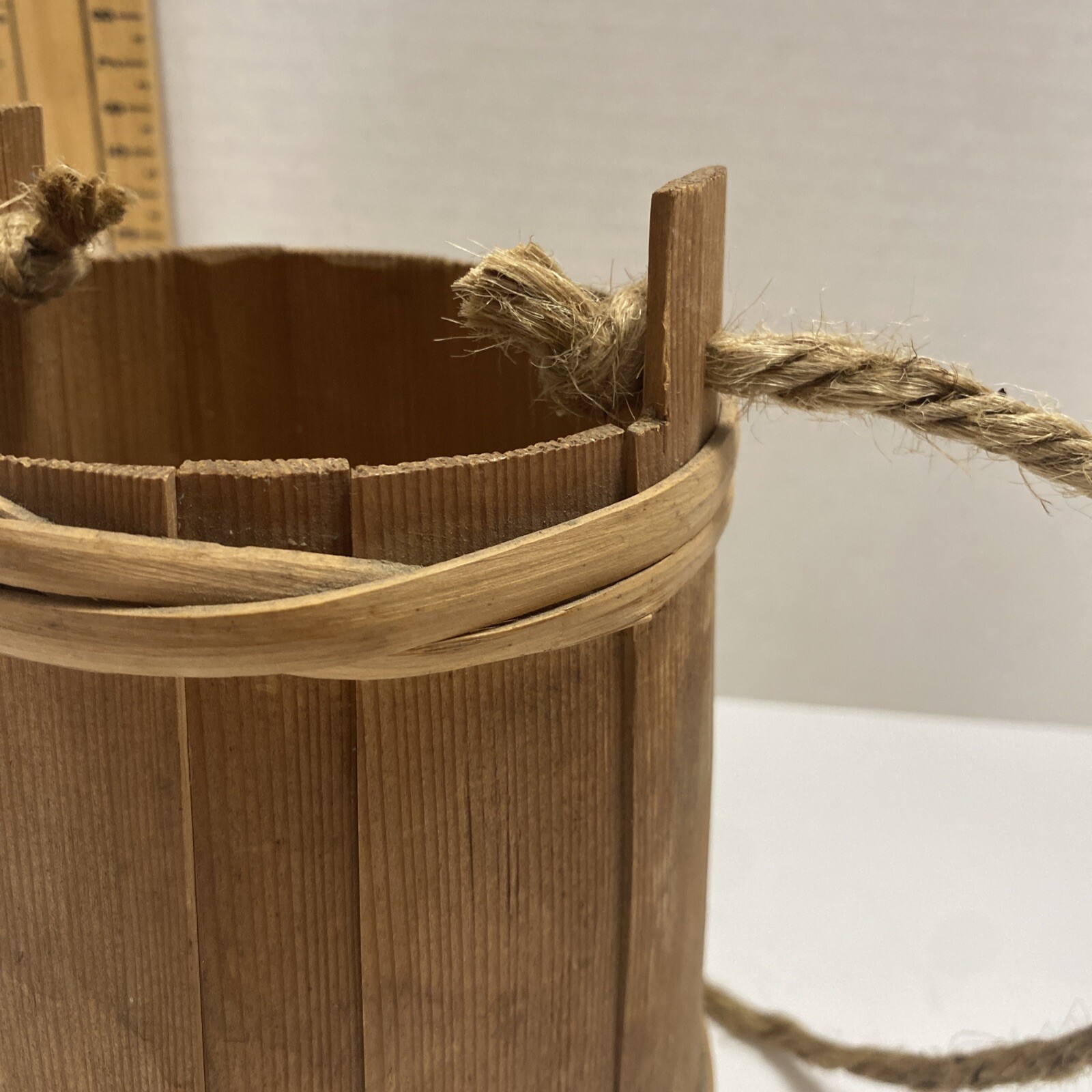 Wooden Bucket 6"" Water Wishing Well Pail with Rope Twine Handle Firkin