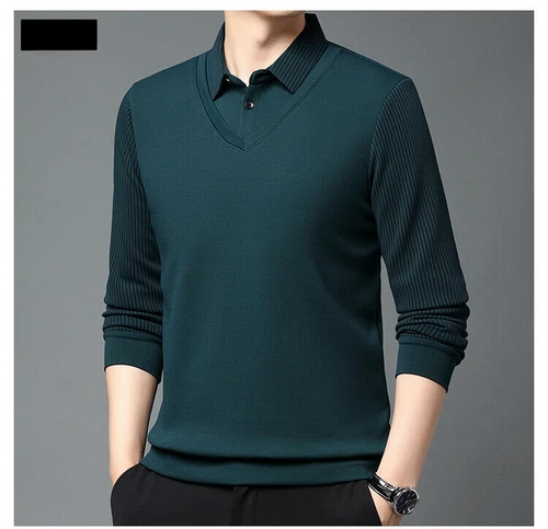T-shirt uomo finta due pezzi slim risvolto maglia fondo maglietta maglione top - Foto 30 di 30