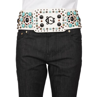 DOLCE & GABBANA DG Logo Crystal Pearl Big Leather Belt White  display picture 1