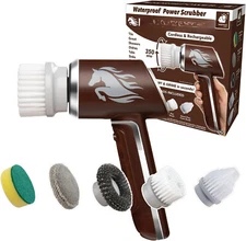 Scrubber, Waterproof, Electric Power, Spins 350 RPM, 5 Brush Heads, Cleans Dirt