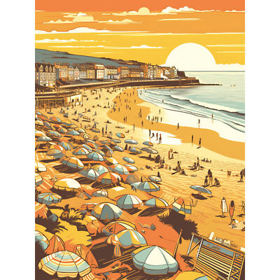 Sommer Sonnenuntergang an belebter Sandpromenade Strand Wandbild Leinwand Bild Druck 18X24