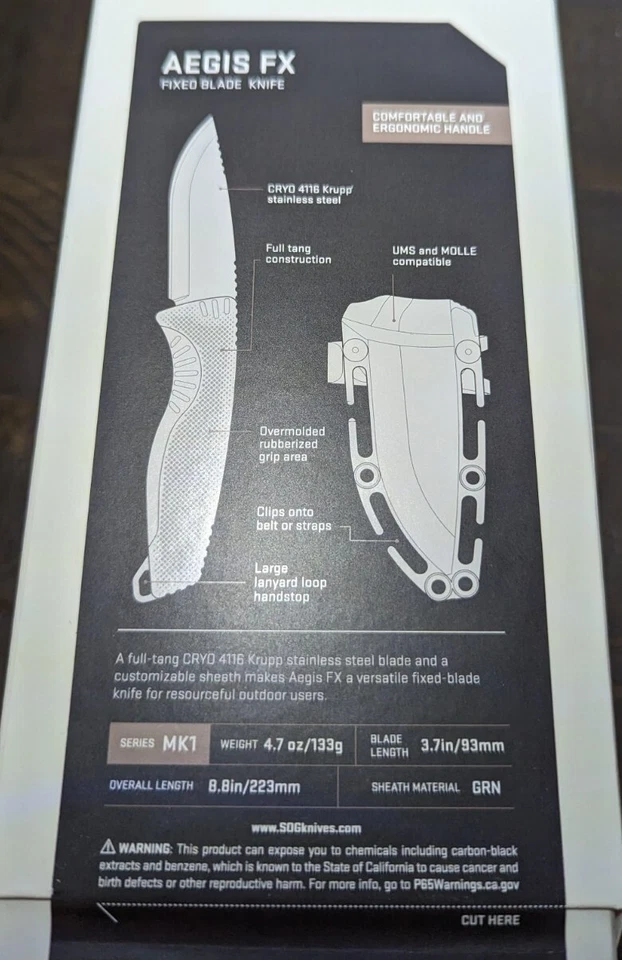 Cuchillo de hoja fija SOG Aegis FX 3,7" punto de caída 4116 Krupp hoja de acero inoxidable - nuevo Foto 4 de 4