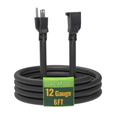 6 Ft Outdoor Extension Cord - 12/3 SJTW Heavy Duty Black Extension Cable with...