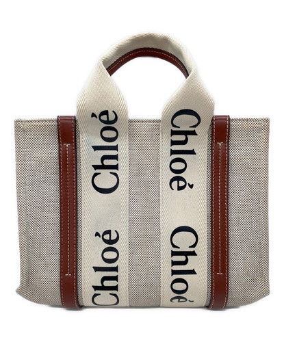 Chloe Woody Beige Canvas Leather 2 Way Tote Bag Logo Italy Auth - Picture 22 of 24