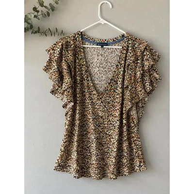 Democracy Women Ruffle Flutter Sleeve V-Neck Abstract Print Top B7140US1E L - Image 1 of 4