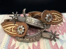 UNIQUE Mexican Charro Silver Inlaid Engraved Spurs w/ Leather Straps