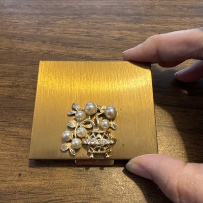 Vintage Ornate Jeweled Compact Powder Mirror Case Gold Tone Faux Pearl