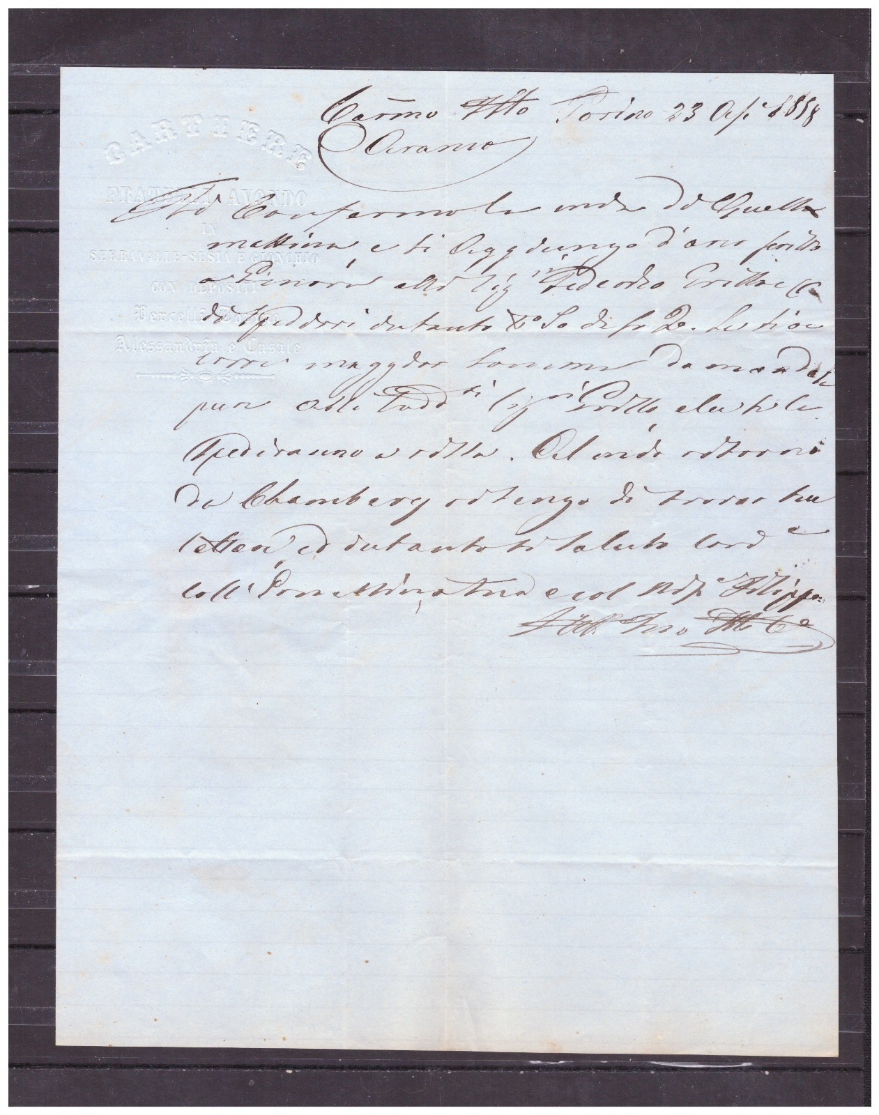 Carta Intestata Cartiere Fratelli Avondo Serravalle Sesia 1858 QXD4067 #