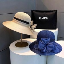 Women's Wide Brim Straw Sun Hat Bow Summer Beach Bucket Hats Outdoor Hiking Caps