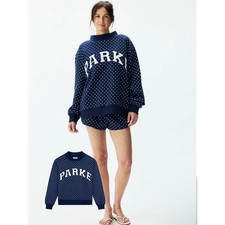 Parke Varsity Mockneck Polka Dot Denim  White L/XL NIB
