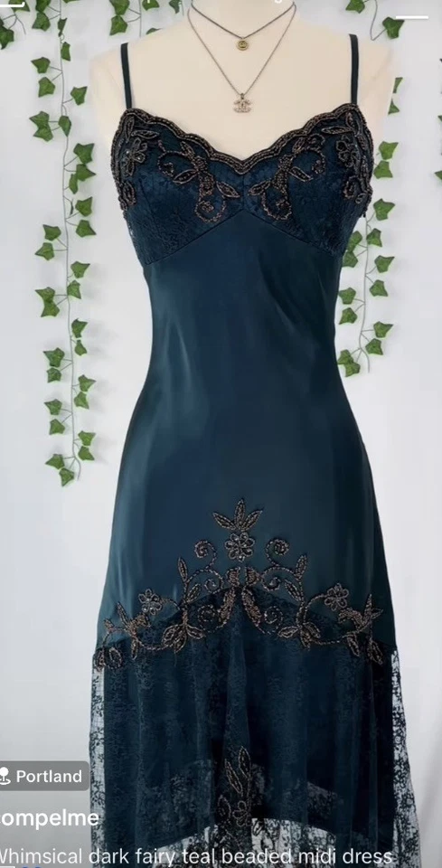 90s Navy Blue & Gold Sue Wong Mesh Beaded Lace Formal Goth Prom Dress - Image 3 of 4