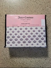 Juicy Couture Queen Sheet Set White W/Leopard Cheetah Animal Print Crowns Y2K 