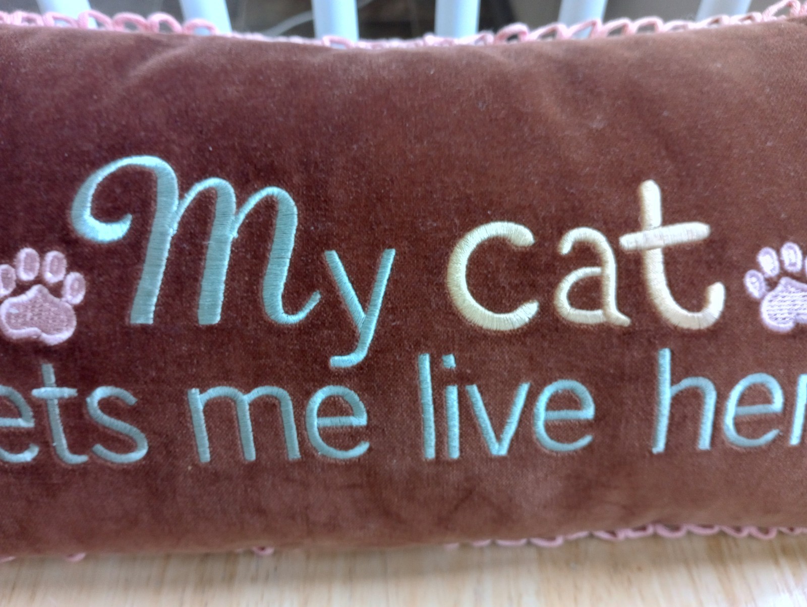 Layla's Velvet Pillow "My cat lets me live here" Loop Border Long Rectangle 7x16