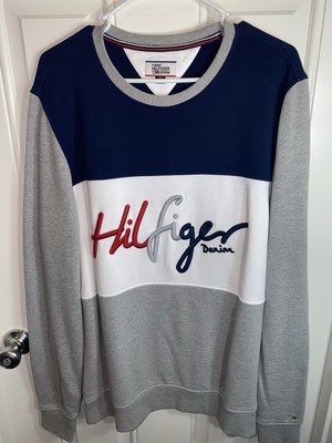 Vintage Tommy Hilfiger Gray Striped Sweatshirt Logo Embroidered