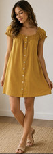 LOFT Beach Yellow Linen Rayon Mini Dress XS Smocked Button Square Neck Puff