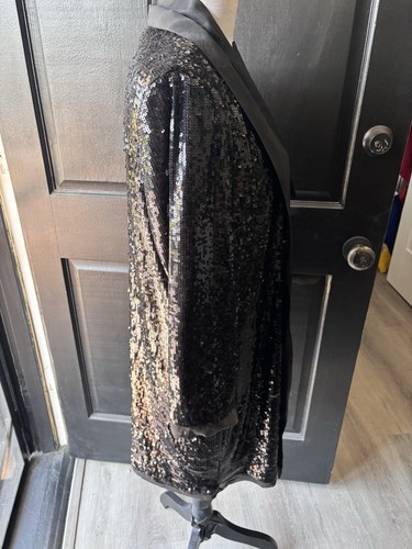 Long Black Sequin Whimsigoth Glam Rock Y2K Open Cardigan Blazer Coverup Sz 44 - Picture 6 of 13
