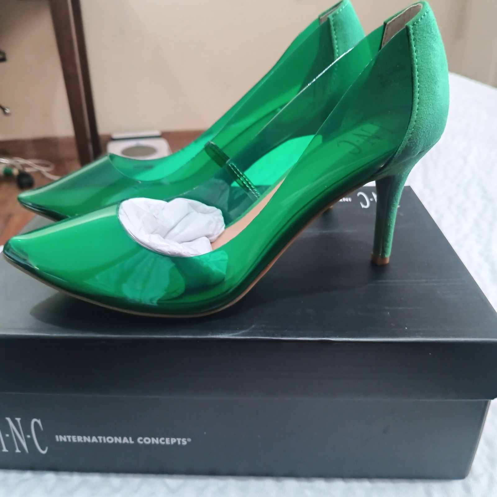 ZITAH Green Vinyl Heels Size 7.5M with Transparent Straps