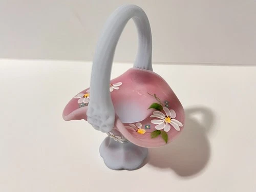 FENTON BLUE BURMESE MINIATURE BASKET HAND PAINTED