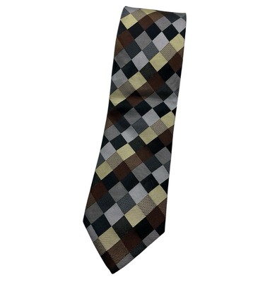 PROFUOMO Men's Silk Tie ITALY LUXURY XL Gray Brown Yellow Tartan W:3.6'' EUC