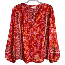 Liverpool Womens 2X Blouse Orange Red Floral Blouson Sleeve Button Front NWT $98