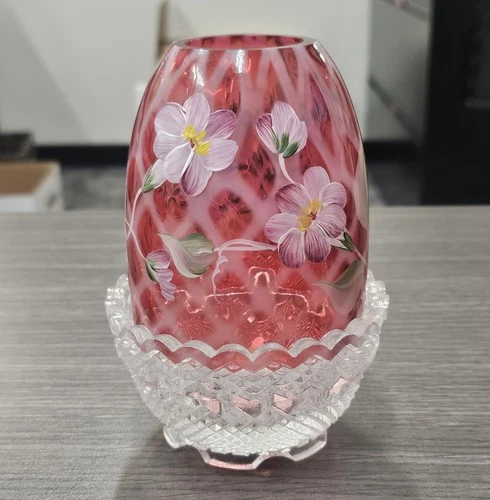 Fenton Cranberry Diamond Optic Fairy Lamp - Hand Painted