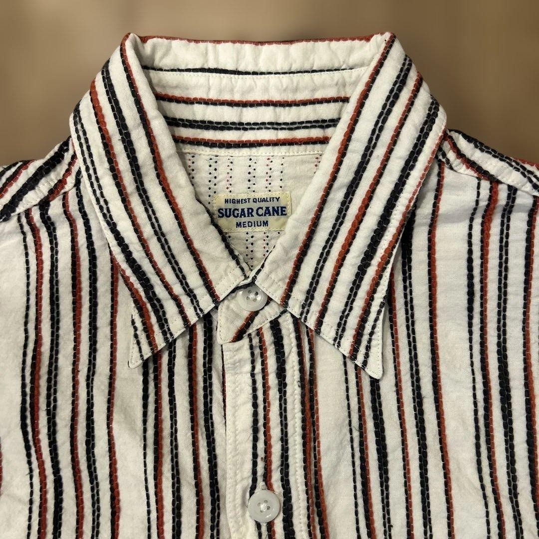 SUGAR CANE SC33487 Short Sleeve Work Shirt Stripe White Size M Used Excellent