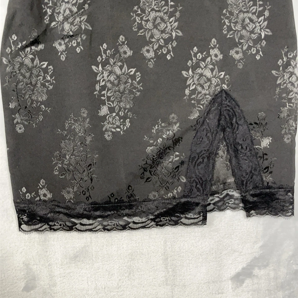 Y2K Babydoll Coquette Lace Trim Slip Mini Dress L Fairycore Black Foral Embossed - Image 3 of 4
