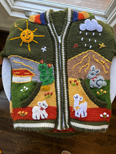 Handmade Knit Peruvian Toddler Zip up Sweater Hoodie 2T-3T Green Embroidered