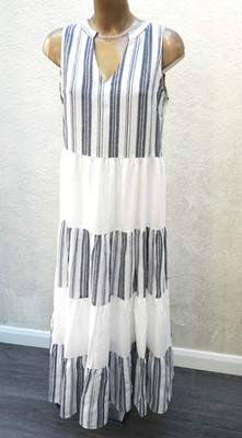 Copperose Paris Size L UK 14  Blue White Striped Maxi Dress BNWT Tiered Boho