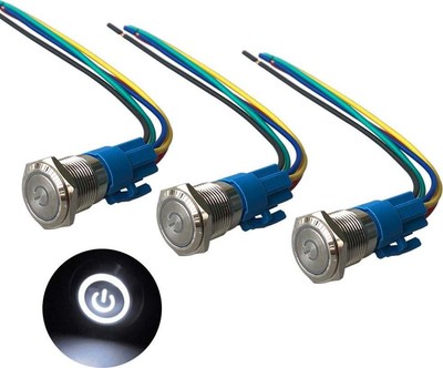 3 Stück Premium 12V/24V 5A Selbstsichernder Rastender Drucktastenschalter, 16mm Auto Weiß