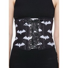 Black White Bats Lace-Up Corset Waist Cincher Goth Vampire Punk Horror Witch S