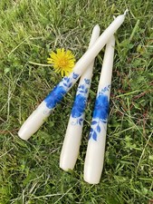 BLUE FLOWERS  (1b) Design Hand DECORATED Dinner Candle SET OF 3