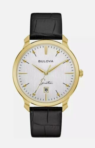 Bulova 97B204 Herren Frank Sinatra klassische goldfarbene Uhr mit schwarzem Lederband - Bild 1 von 10