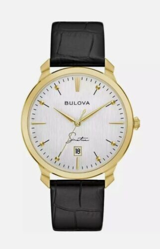 Bulova 97B204 Men's Frank Sinatra Classic Gold Tone Watch  w/ Black Leather Band - Afbeelding 1 van 10