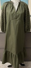 Women’s Gap Split Neck w/ Tie Army Green Dress Lace 3/4 Ballon Sleeves Ruffle S