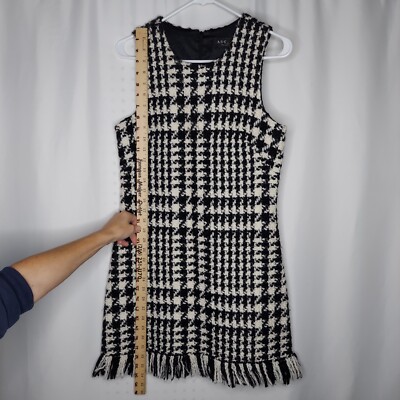 ABS Knit Dress 6 Sleeveless Chunky Woven Plaid Black Cream Fringe Hem Mini