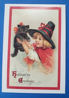 Halloween Postcard ''Halloween Greetings'' Repro Vtg Image Girl Witch Black Kitten