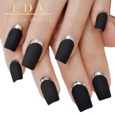 Matte Black Chrome French Press On Nails Long Square False Tips Fake Nails