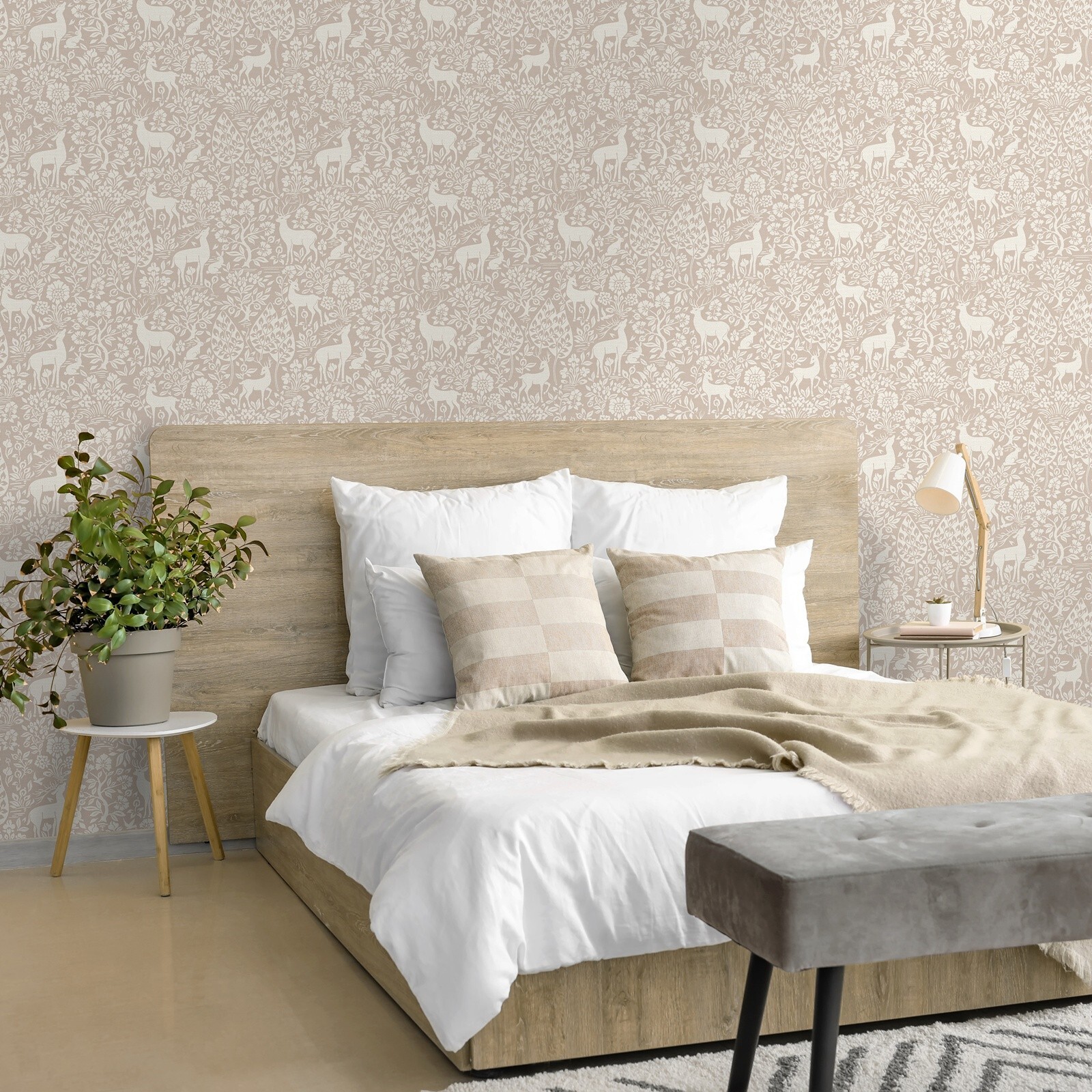 Pink Floral Wallpaper Deer Rabbits Leaves Slightly Textured Feature Wall Bedroom