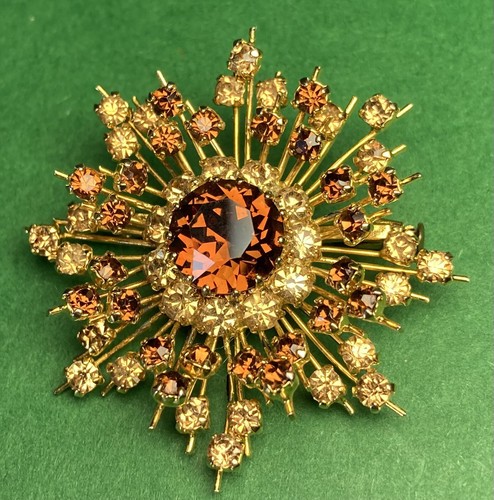 Champagne & Brown Austrian Crystal Starburst Brooch Gold Tone Barrel Clasp - 第 1/8 張圖片