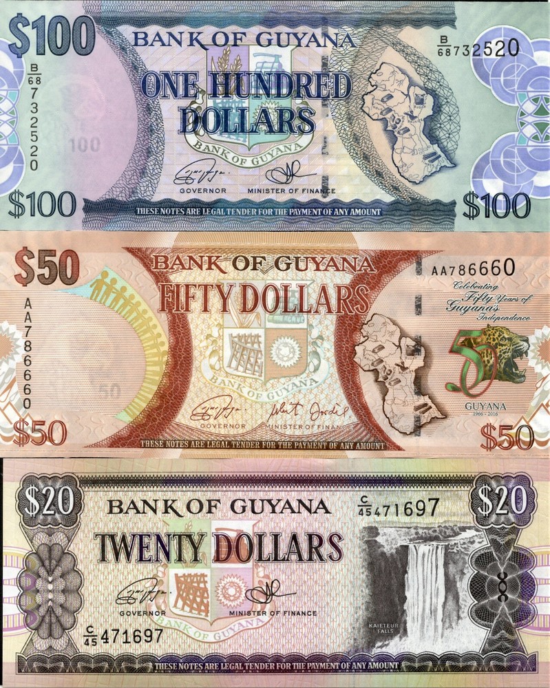 Guyana 20 50 100 Dollars UNC Banknotes Set of 3 2016 Issue
