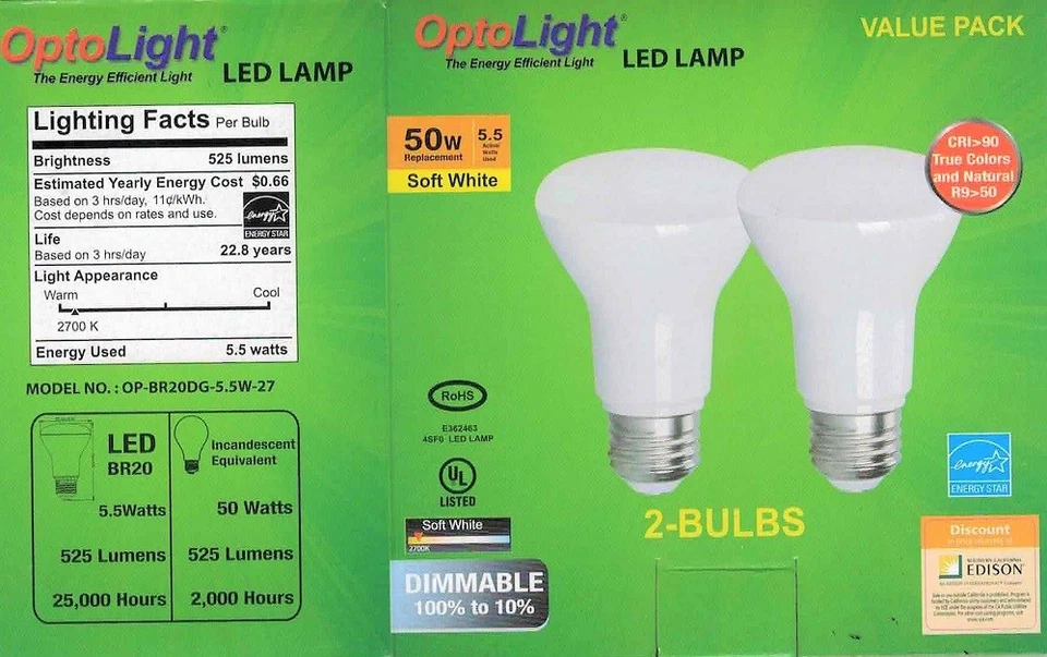 4 LED Light Bulbs, Dimmable, Small BR20 5.5W (50W) New OP-BR20DG-5.5W-27 - Image 3 of 4