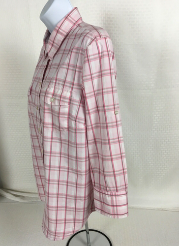 Izod Womens Top Size L White Pink Plaid Button Down 3/4 Sleeves Front Pockets - Picture 9 of 16