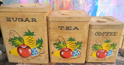 Vintage Set of 1950s Retro Tea Coffee Sugar Fruit Wooden