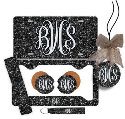 Black Glitter (EFFECT) Personalized Monogram Car Accessories